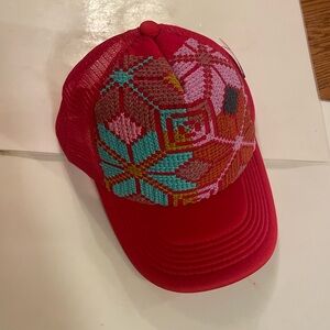 Red Trucker Hat with Colorful Embroidery